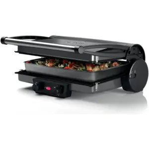 Bosch TCG4215GB Contract Grill, 2000W Fat Drain And Two Fat Drip Trays, 5 Temperature Settings, Adjustable Thermostat, Removable Aluminium Grilling Plates With Non-Stick Coating, Silver | TCG4215GB