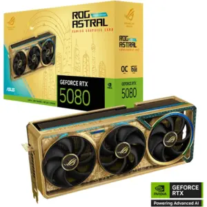 ASUS ROG Astral GeForce RTX 5080 Dhahab CORE OC 16GB Graphics Card, GDDR7 256-Bit Memory, 2760 MHz Boost Clock, 10752 CUDA Cores, 30 Gbps Memory Speed, Gold | 90YV0LV6-M0NM00