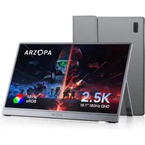 ARZOPA Z3FC Portable Gaming Monitor, 16.1'' IPS Display, QHD Resolution, 180Hz Refresh Rate, 16.7 Million Colors, Kickstand, Type-C Input Interface, Built-in Speakers, Gray | Z3FC