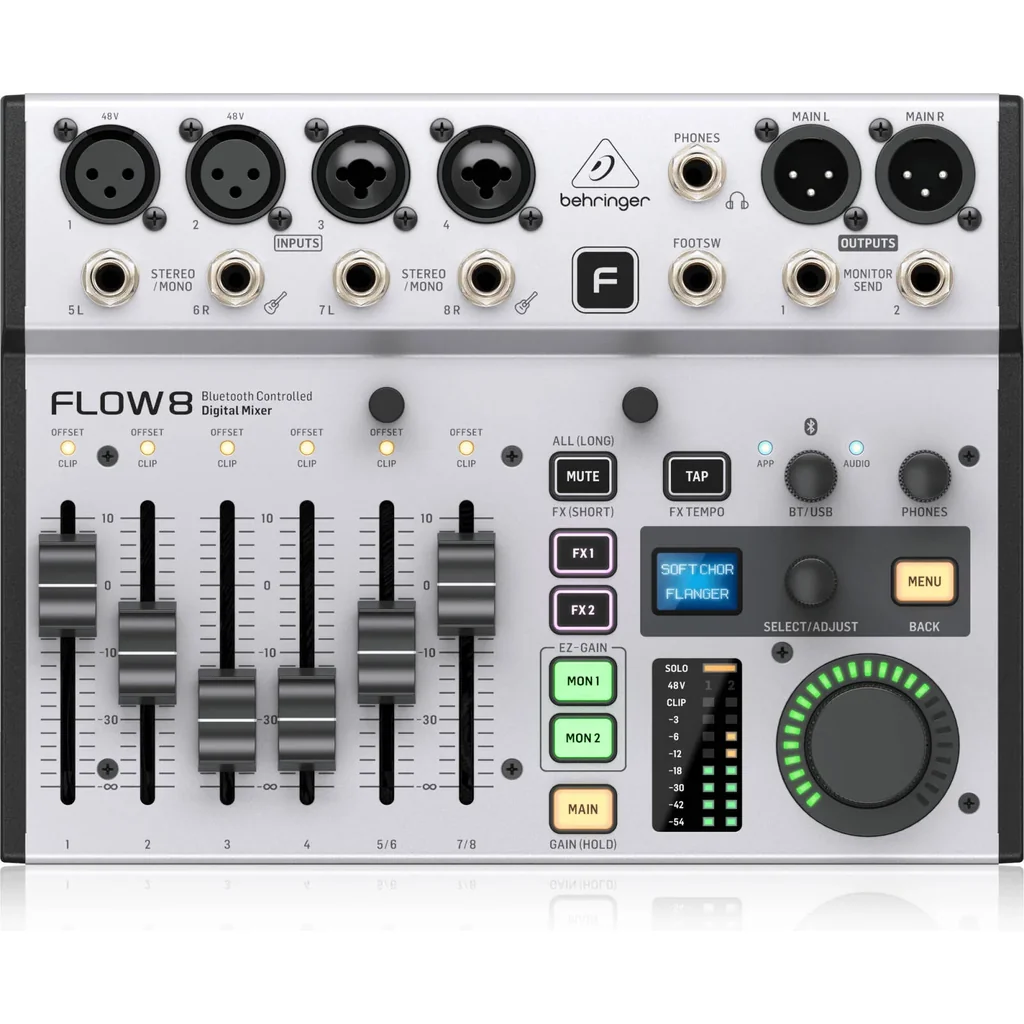Behringer FLOW 8, 8-Input Digital Mixer with Bluetooth Audio & App Control, 60 mm-Channel Faders, 2 FX Processors and USB/Audio Interface, Built-in Bluetooth Streaming, White | FLOW8