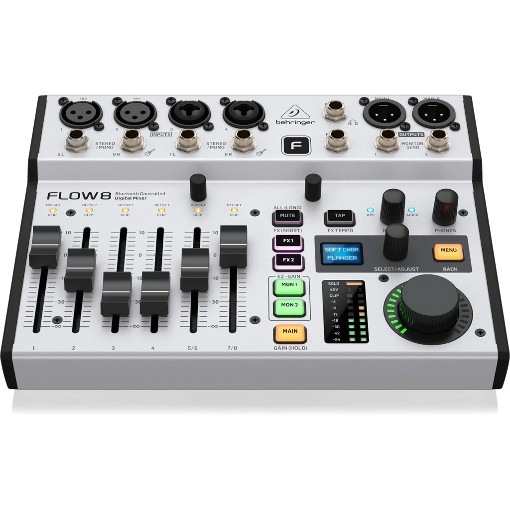 Behringer FLOW 8, 8-Input Digital Mixer with Bluetooth Audio & App Control, 60 mm-Channel Faders, 2 FX Processors and USB/Audio Interface, Built-in Bluetooth Streaming, White | FLOW8 - Image 2