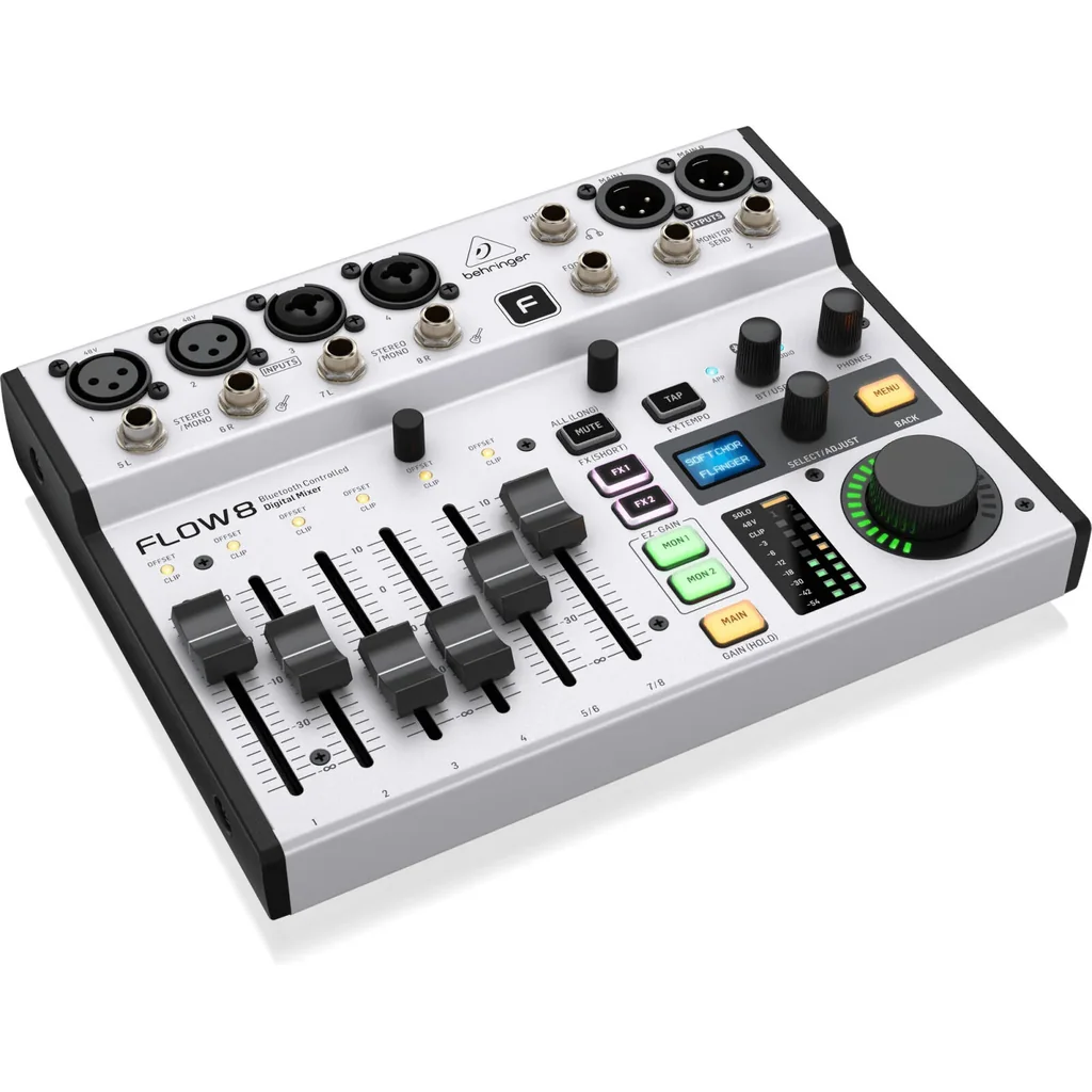 Behringer FLOW 8, 8-Input Digital Mixer with Bluetooth Audio & App Control, 60 mm-Channel Faders, 2 FX Processors and USB/Audio Interface, Built-in Bluetooth Streaming, White | FLOW8 - Image 3