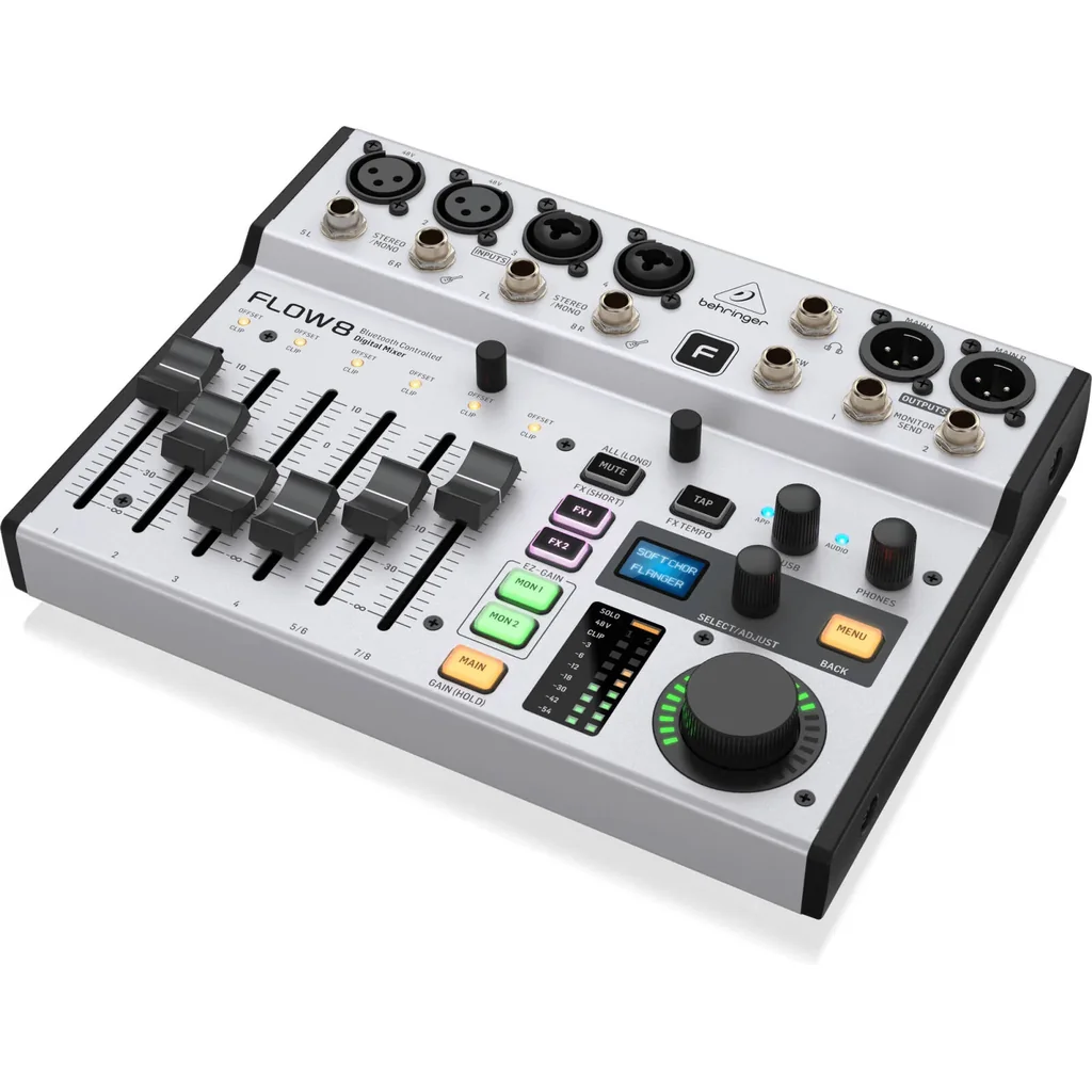 Behringer FLOW 8, 8-Input Digital Mixer with Bluetooth Audio & App Control, 60 mm-Channel Faders, 2 FX Processors and USB/Audio Interface, Built-in Bluetooth Streaming, White | FLOW8 - Image 4