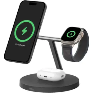 Belkin BoostCharge Pro 3-in-1 Wireless Charging Stand with Qi2 15W, Up to 15W Fast Charging With Qi2, Supports StandBy, 40W Power Supply Unit & USB-C Cable Included, Black | WIZ032myBK