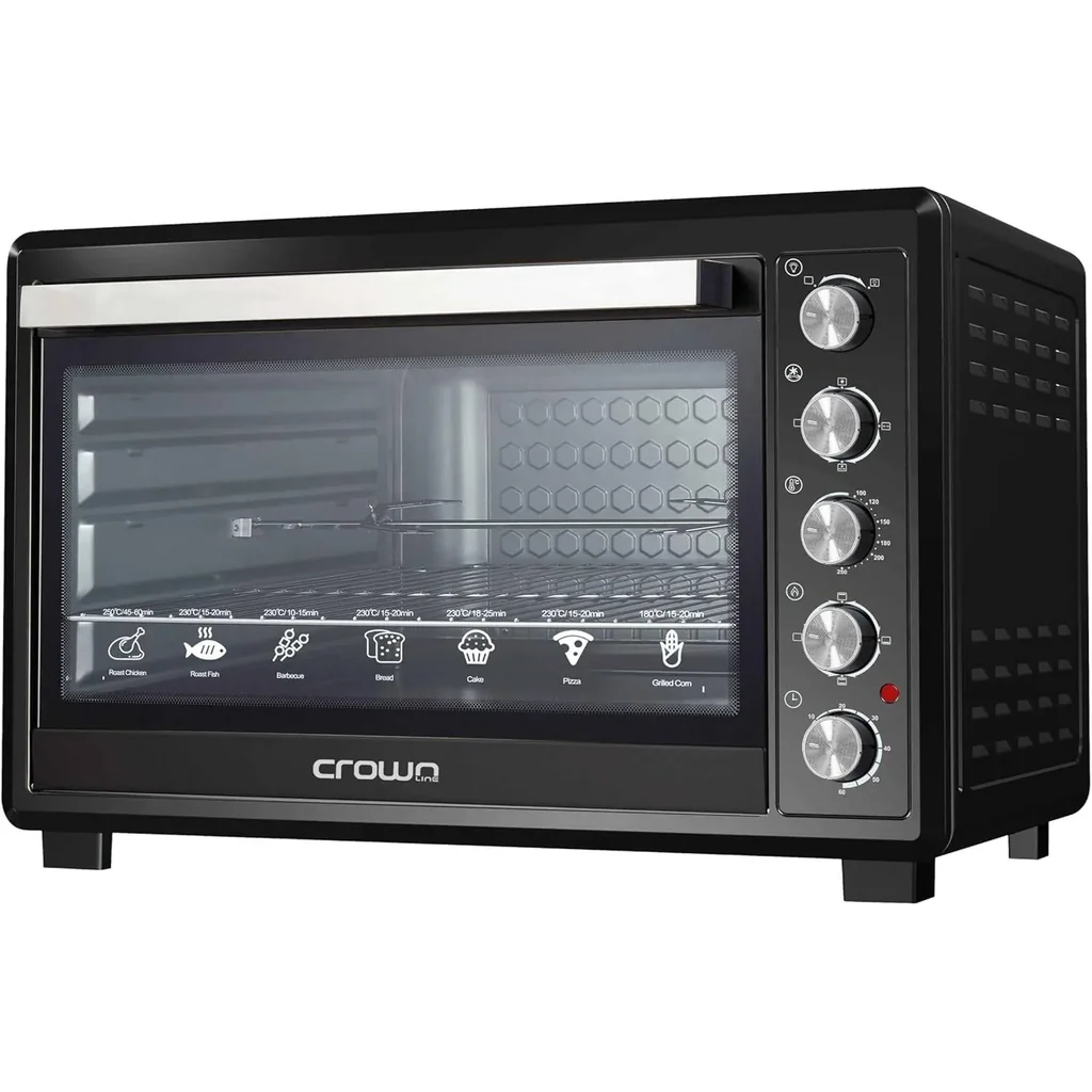Crownline EO-439 Electric Oven, 100L 2800W, Double Grill & Convection, Rotisserie, Adjustable Thermostat up to 250°C, Glass Door, Anti-Rust Stainless Steel Interior, Black | EO-439