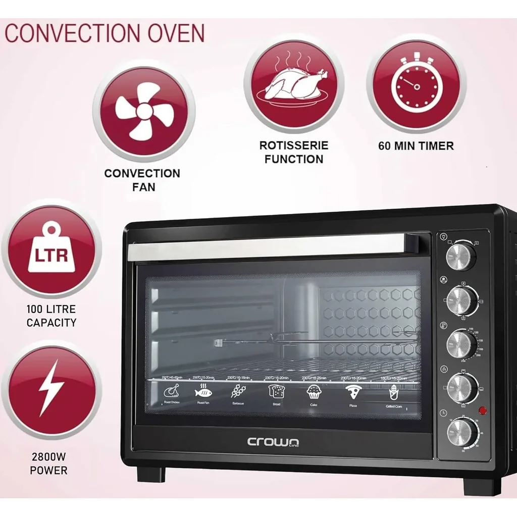 Crownline EO-439 Electric Oven, 100L 2800W, Double Grill & Convection, Rotisserie, Adjustable Thermostat up to 250°C, Glass Door, Anti-Rust Stainless Steel Interior, Black | EO-439 - Image 2