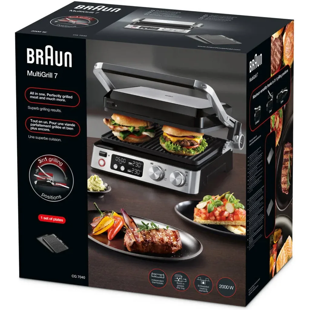 Braun MultiGrill 7 Contact Grill, 2000W Electric Grill, with 3-in-1 Cooking System, Adjustable Thermostat, Removable Plates, Dishwasher Safe, Black/Stainless Steel | CG 7040 - Image 7