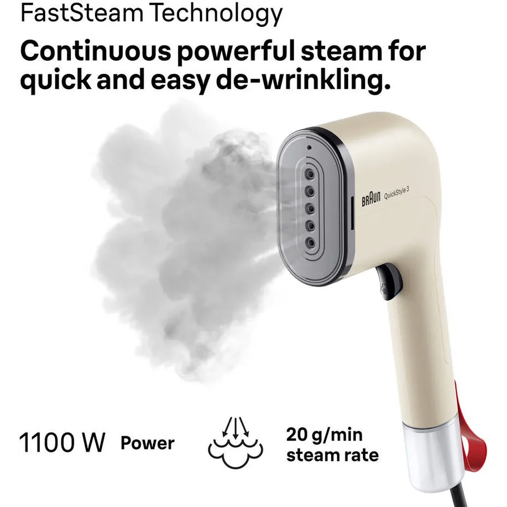 Braun QuickStyle 3 Garment Steamer, 1100 Watts, Smart iCare & FastSteam Technology, Quick Heat-Up, Ultra Compact Design, Beige | GS 3012 - Image 4