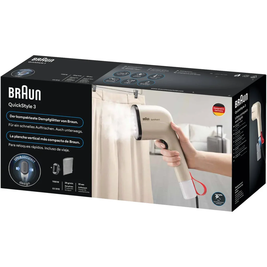 Braun QuickStyle 3 Garment Steamer, 1100 Watts, Smart iCare & FastSteam Technology, Quick Heat-Up, Ultra Compact Design, Beige | GS 3012 - Image 6
