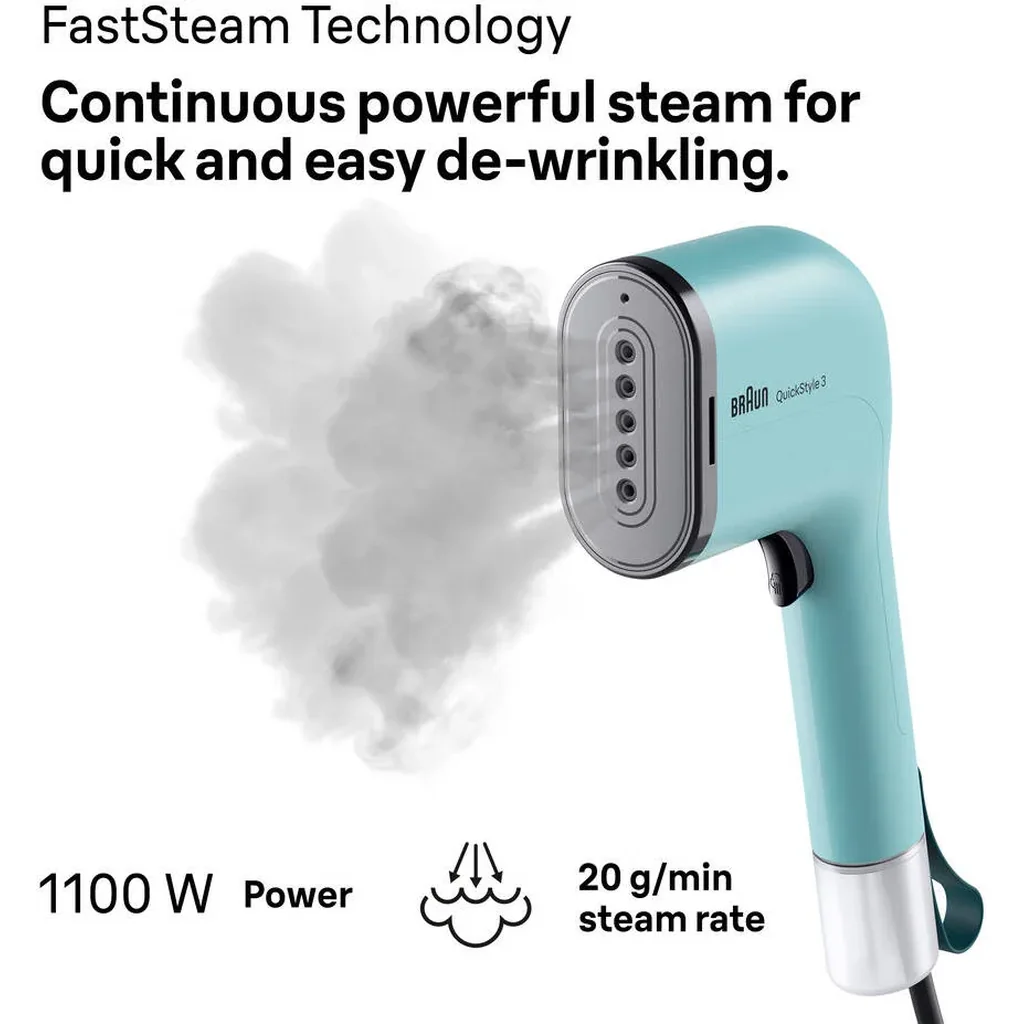 Braun QuickStyle 3 Garment Steamer, 1100 Watts, Smart iCare & FastSteam Technology, Quick Heat-Up, Ultra Compact Design, Green | GS 3013 - Image 4
