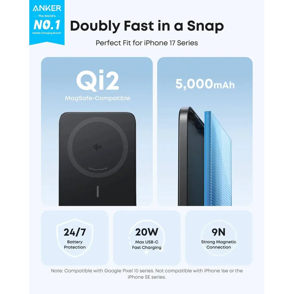 Anker Nano Power Bank, 15W Qi2-Certified Wireless Charging, Dual-NTC Temperature Control, 5000mAh Battery, MagGo, Ultra-Slim Qi2-Compatible Magnetic Power Bank, Black | A1665H11 - Image 3