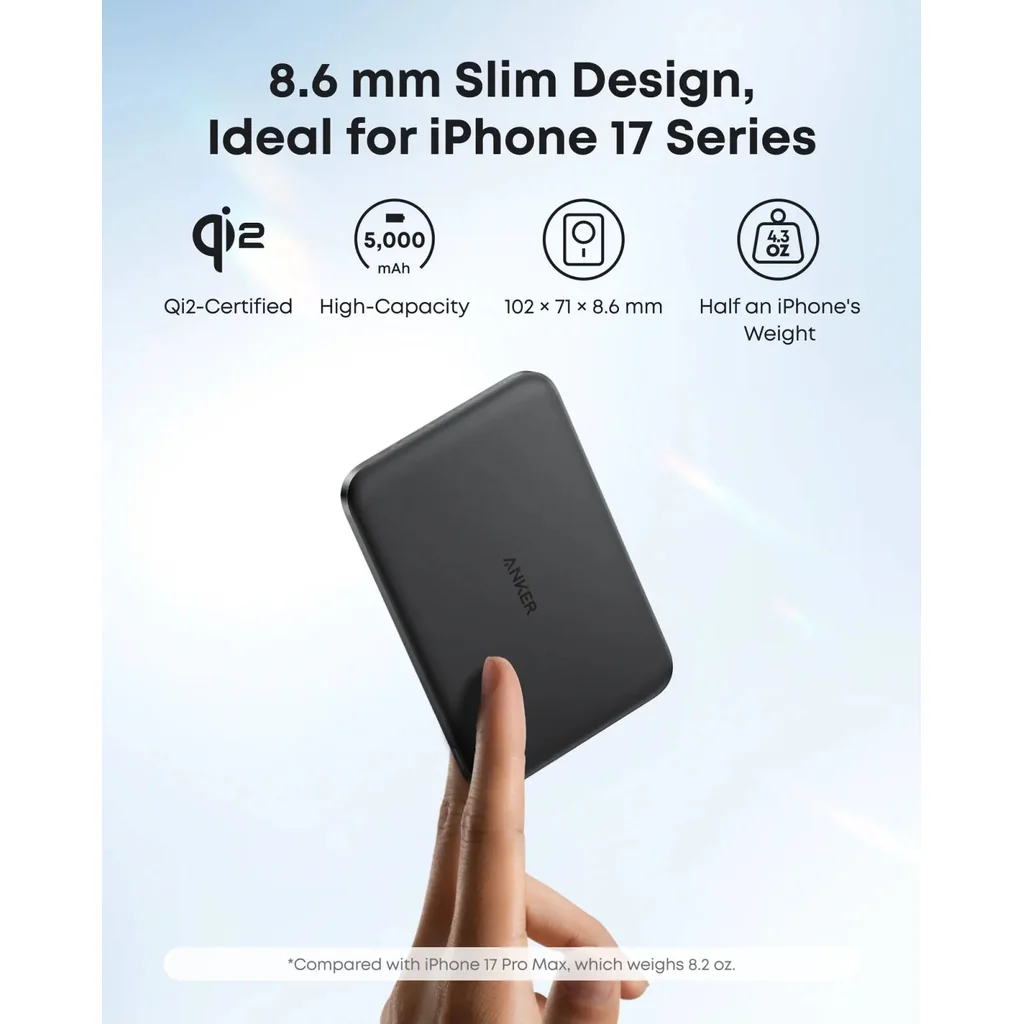 Anker Nano Power Bank, 15W Qi2-Certified Wireless Charging, Dual-NTC Temperature Control, 5000mAh Battery, MagGo, Ultra-Slim Qi2-Compatible Magnetic Power Bank, Black | A1665H11 - Image 4