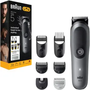 Braun All-in-One Series 5 AIO5520 7-in-1 Grooming Kit, Ultra Sharp Blade, Sensitive Body Comb, 14 Lengths 0.5-21mm, AquaGrip Waterproof, 120min Li-Ion Battery, Grey | AIO 5520