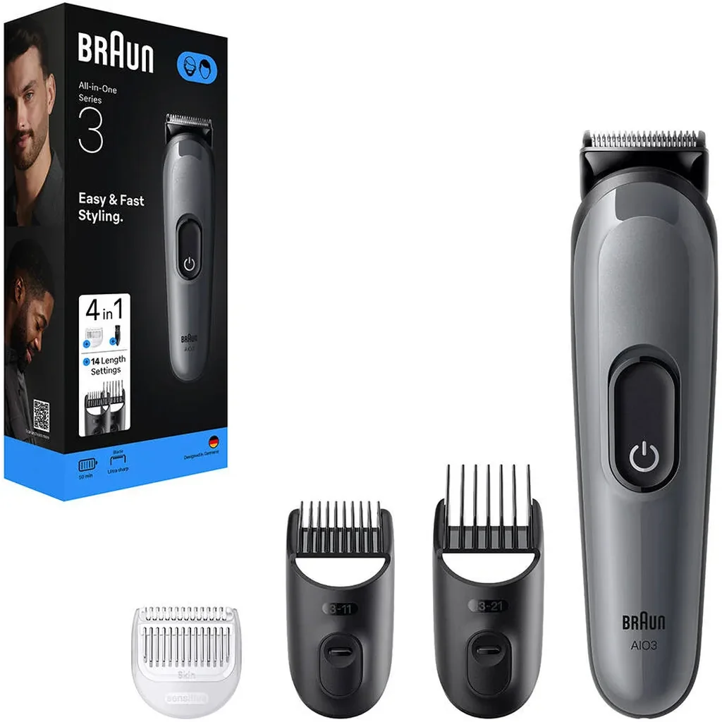 Braun All-in-One Series 3 AIO3500 4-in-1 Grooming Kit, Ultra Sharp Blade, 14 Lengths 0.5-21mm, Sliding Combs 3-11/13-21mm, Sensitive Skin Comb, 50min NiMH Battery, Grey | AIO 3500