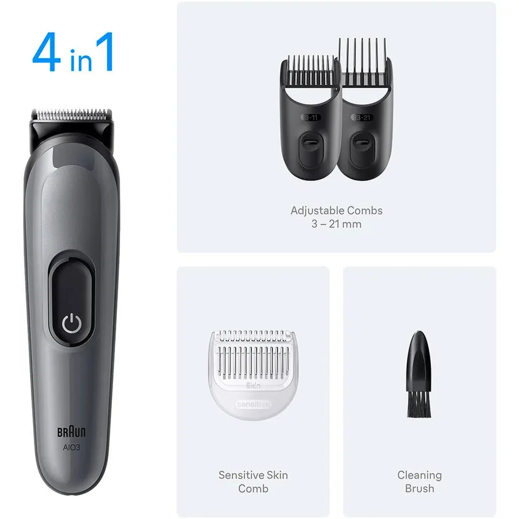 Braun All-in-One Series 3 AIO3500 4-in-1 Grooming Kit, Ultra Sharp Blade, 14 Lengths 0.5-21mm, Sliding Combs 3-11/13-21mm, Sensitive Skin Comb, 50min NiMH Battery, Grey | AIO 3500 - Image 6