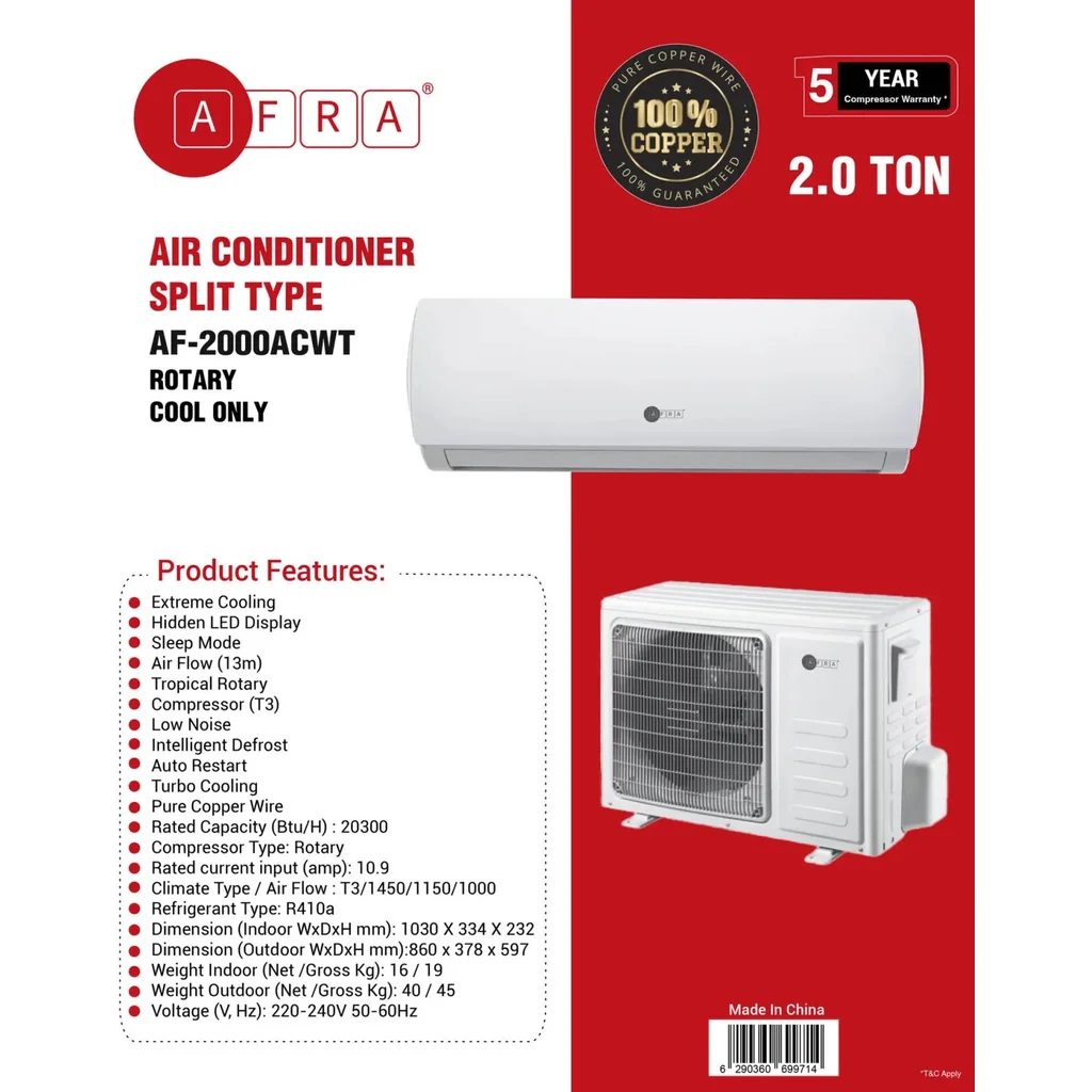 AFRA AF-2000ACWT 2.0 Ton Split Air Conditioner, Extreme Cooling, Hidden LED Display, Sleep Mode, Tropical Rotary Compressor (T3), Wall Mount, Auto Restart, Pure Copper Wire, White | AF-2000ACWT - Image 2