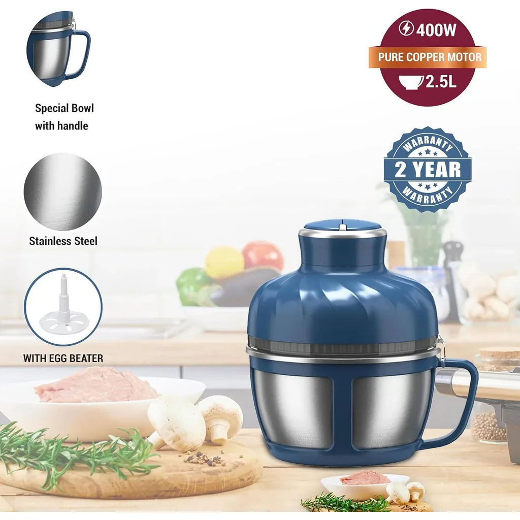 AFRA AF-425CHSS Stainless Steel Chopper, 400W, 2 Adjustable Speed, Stainless Steel Bowl W/Handle, 5425 Copper Motor, 2.5l Jar Capacity, Blue | AF-425CHSS - Image 2