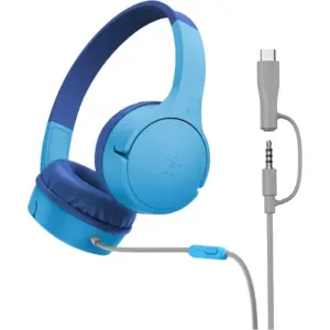 Belkin SoundForm Mini Kids Wired Headphones with USB-C to 3.5mm Dongle, Built-in Mic & Fun Stickers, 85dB Max Volume for Online Learning, Travel, Compatible with iPhone, iPad, Galaxy & More, Blue