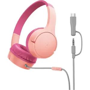 Belkin SoundForm Mini Kids Wired Headphones with USB-C to 3.5mm Dongle, Built-in Mic & Fun Stickers, 85dB Max Volume for Online Learning, Travel, Compatible with iPhone, iPad, Galaxy & More, Pink