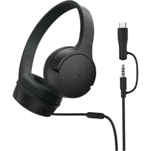 Belkin SoundForm Mini Kids Wired Headphones with USB-C to 3.5mm Dongle, Built-in Mic & Fun Stickers, 85dB Max Volume for Online Learning, Travel, Compatible with iPhone, iPad, Galaxy & More, Black