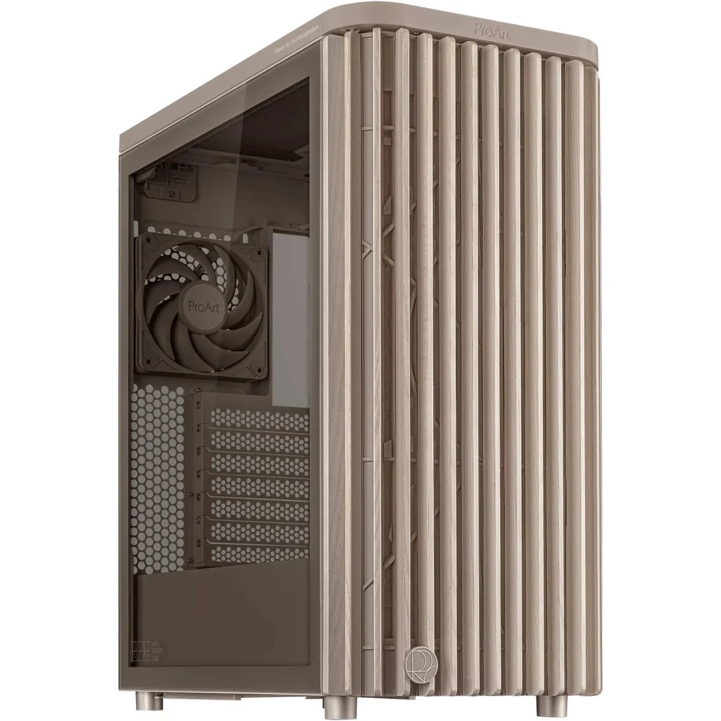 ASUS ProArt PA401 Wood Edition Computer Case, Tempered Glass Panel, 2x 160mm & 1x 120mm Pre-Installed Fans, Up to 240mm Radiator & 5x Fan Support, Removable Dust Filters, Beige | 90DC00M7-B39010