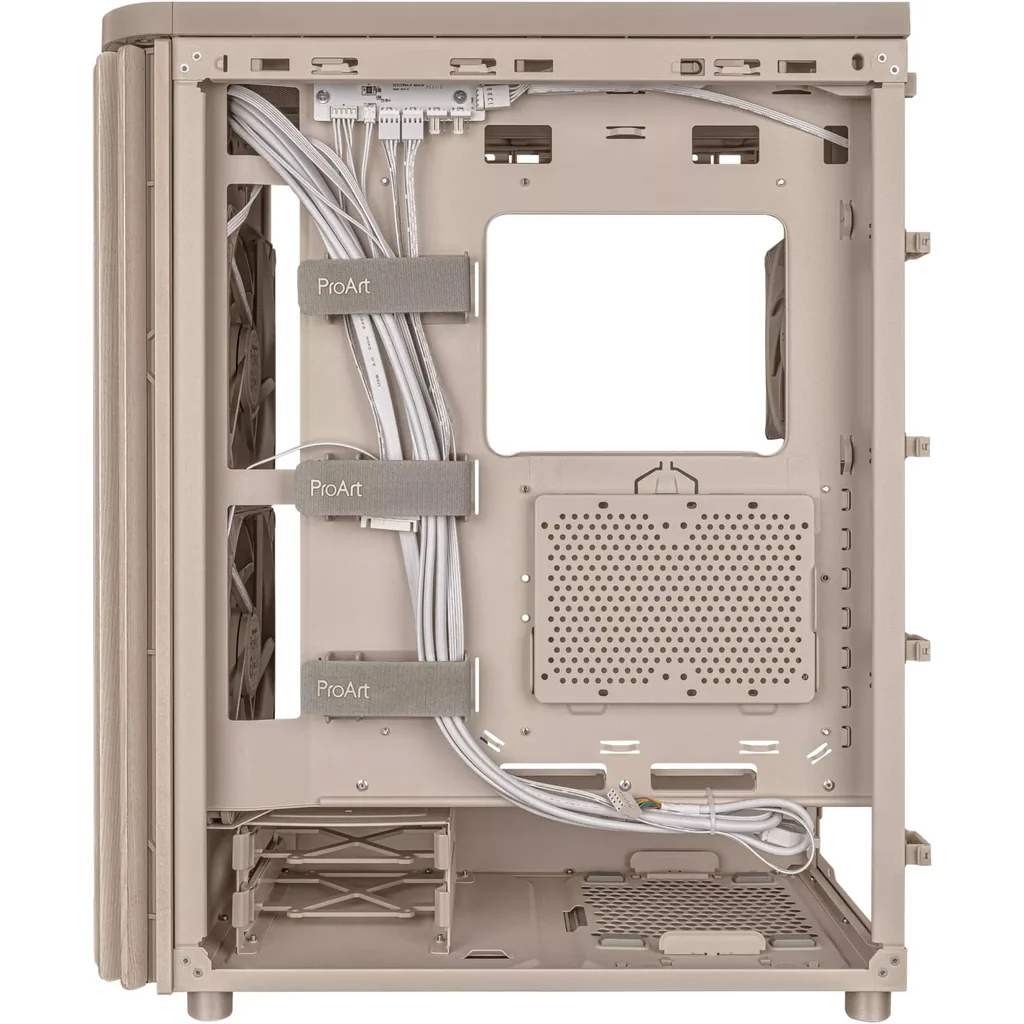 ASUS ProArt PA401 Wood Edition Computer Case, Tempered Glass Panel, 2x 160mm & 1x 120mm Pre-Installed Fans, Up to 240mm Radiator & 5x Fan Support, Removable Dust Filters, Beige | 90DC00M7-B39010 - Image 3