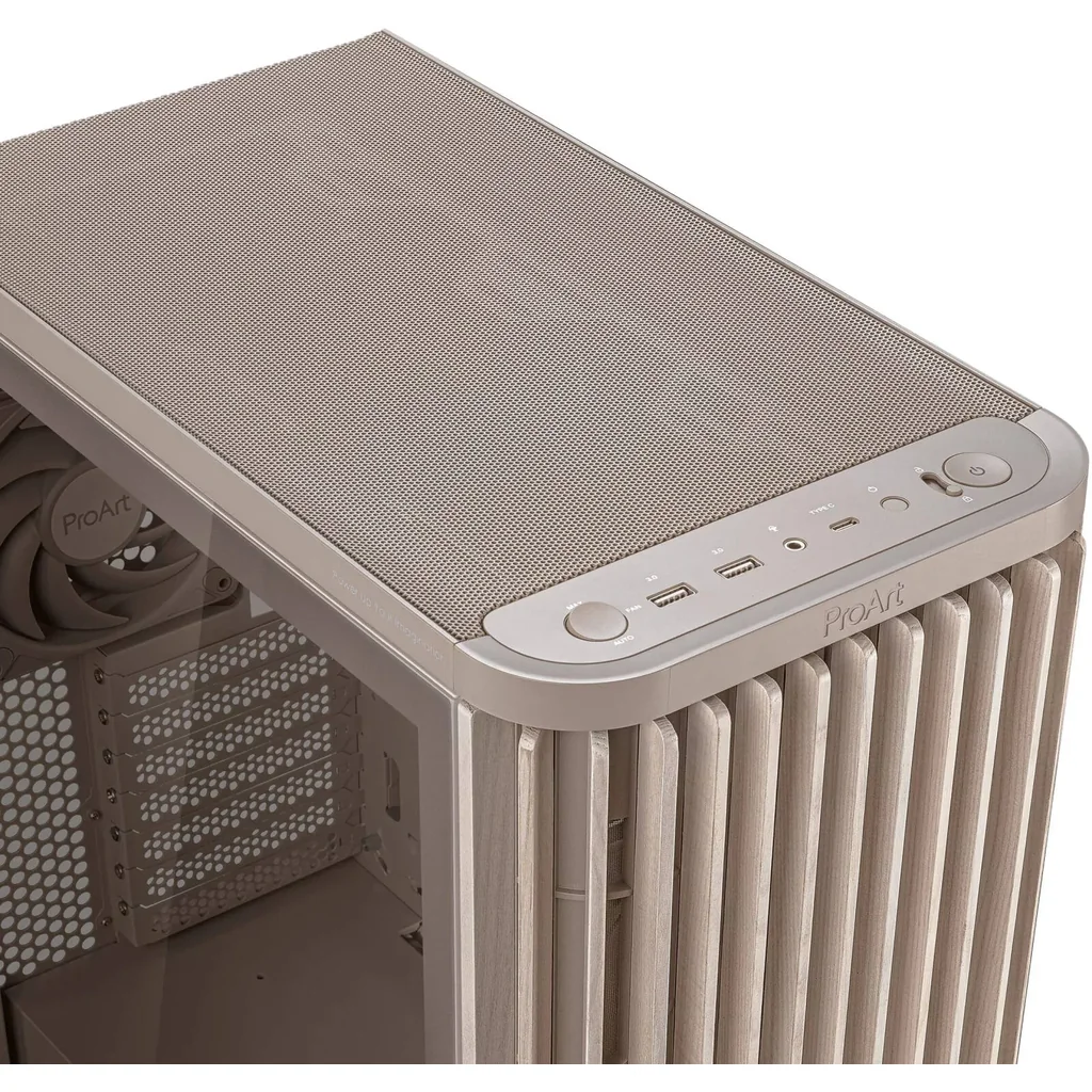 ASUS ProArt PA401 Wood Edition Computer Case, Tempered Glass Panel, 2x 160mm & 1x 120mm Pre-Installed Fans, Up to 240mm Radiator & 5x Fan Support, Removable Dust Filters, Beige | 90DC00M7-B39010 - Image 7