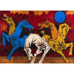 ALAYRA a adventures india advertising ideas in Power Five Horses- A Famous Painting by M.F. HUAEin, Wall Dcor. Museum Grade Canvas, Art Print (Unframed). Size 18"x14" 01