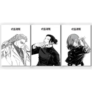 ALAYRA 3 Piece Japanese Anime Poster, Jujutsu Kaisen Canvas Wall Art, Gojo Satoru Black and White Manga Art Kinji Hakari Print Painting for Room Decor Anime Artwork Fan Gift 12x16 Unframed 01