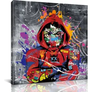 ALAYRA Kids Wall Art for Bedroom, Graffiti Canvas Wall-Art for Living Room, Funny Banksy Print Picture, Colorful Hoodie Boy Comic Poster, Present for Men, Stretched and Framed Ready to Hang Size 20x20