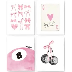 ALAYRA Pink Coquette Trendy Preppy Wall Art Prints Set of 4, Coquette Room Decor, Preppy Room Decor Aesthetic, Pink Bow Disco 8 Ball Cherry Wall Decor Posters for Girls Bedroom Dorm, 8x10 Unframed 01