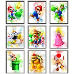 ALAYRA Super Mario Game Poster Prints, Super Mario Wall Decor For Kids, UNFRAMED Set of 9 (8x10 inches), Mario Room Decor, Mario Poster For Boys Room, Mario Game Poster Prints, 01
