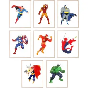 ALAYRA Superhero Posters for Kids, Comic Book Wall Art, Superhero Room Decor for Boys, Avengers and Justice League Prints, Colorful Wall Decor for Bedroom or Playroom -Unframed 8 Pack (8x10) 01