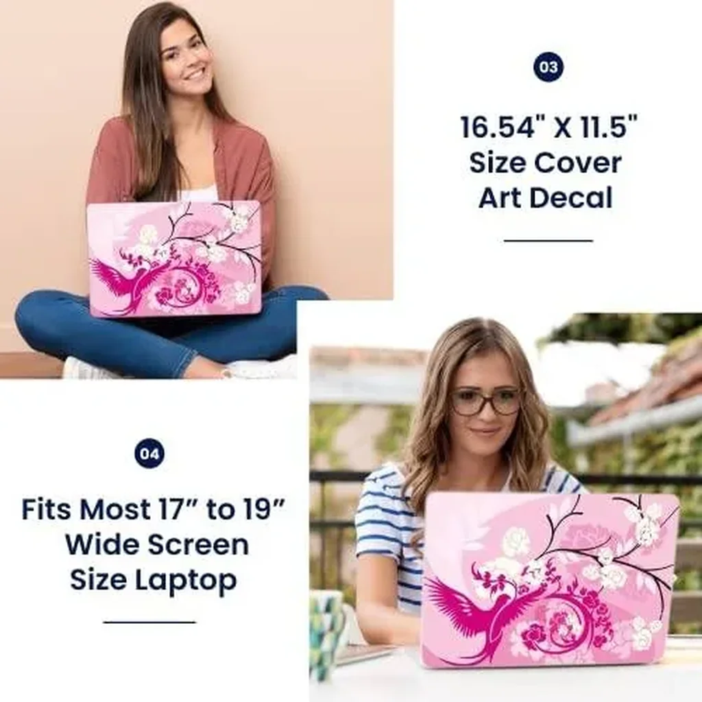 ALAYRA 17 17.3 Inches Laptop Notebook Skin Sticker with 2 Wrist Pads - Reusable Cover Protector Vinyl Sticker Cover Decal Fits 17" - 19" HP Asus Acer Samsung - Pink Birds Floral Pattern 01 - Image 2