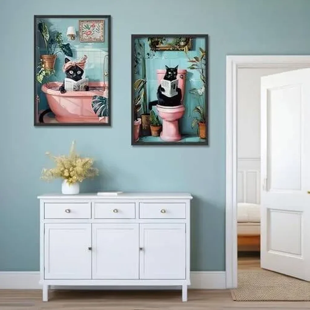 ALAYRA 2 Pcs Cute Black Cat Bathroom Wall Art Funny Cat Reading Newspaper Paintings Pictures Wall Decor Pink Animal Plant Posters Prints for Bathroom Toilet Decorations Unframed 12x16 Inch 01 - Image 3