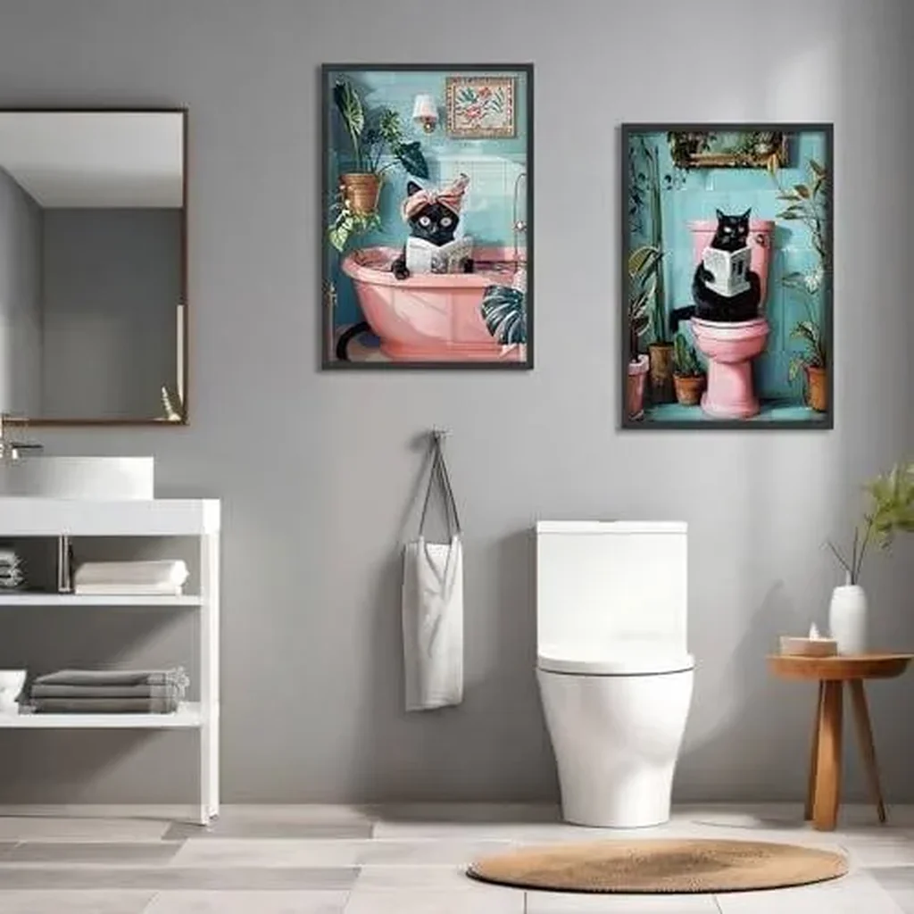 ALAYRA 2 Pcs Cute Black Cat Bathroom Wall Art Funny Cat Reading Newspaper Paintings Pictures Wall Decor Pink Animal Plant Posters Prints for Bathroom Toilet Decorations Unframed 12x16 Inch 01 - Image 5