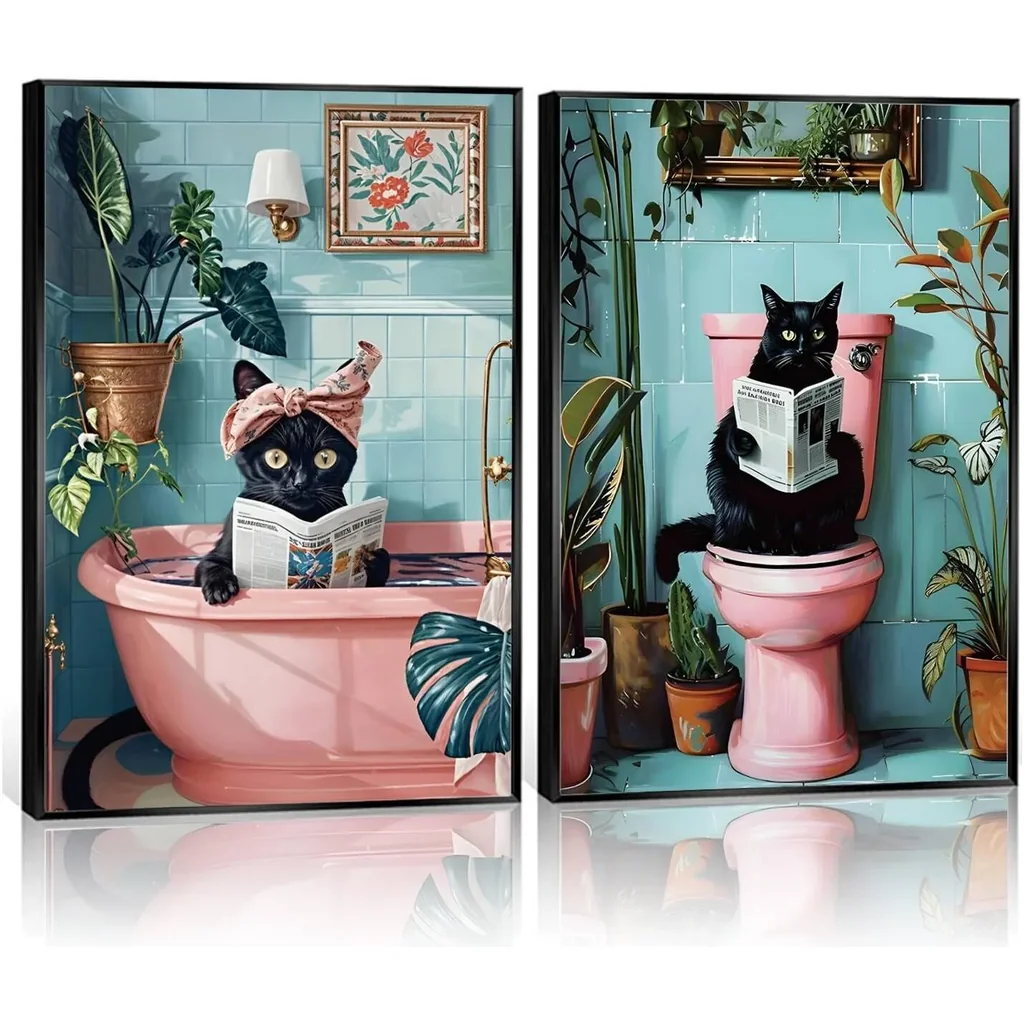 ALAYRA 2 Pcs Cute Black Cat Bathroom Wall Art Funny Cat Reading Newspaper Paintings Pictures Wall Decor Pink Animal Plant Posters Prints for Bathroom Toilet Decorations Unframed 16x24 Inch 01