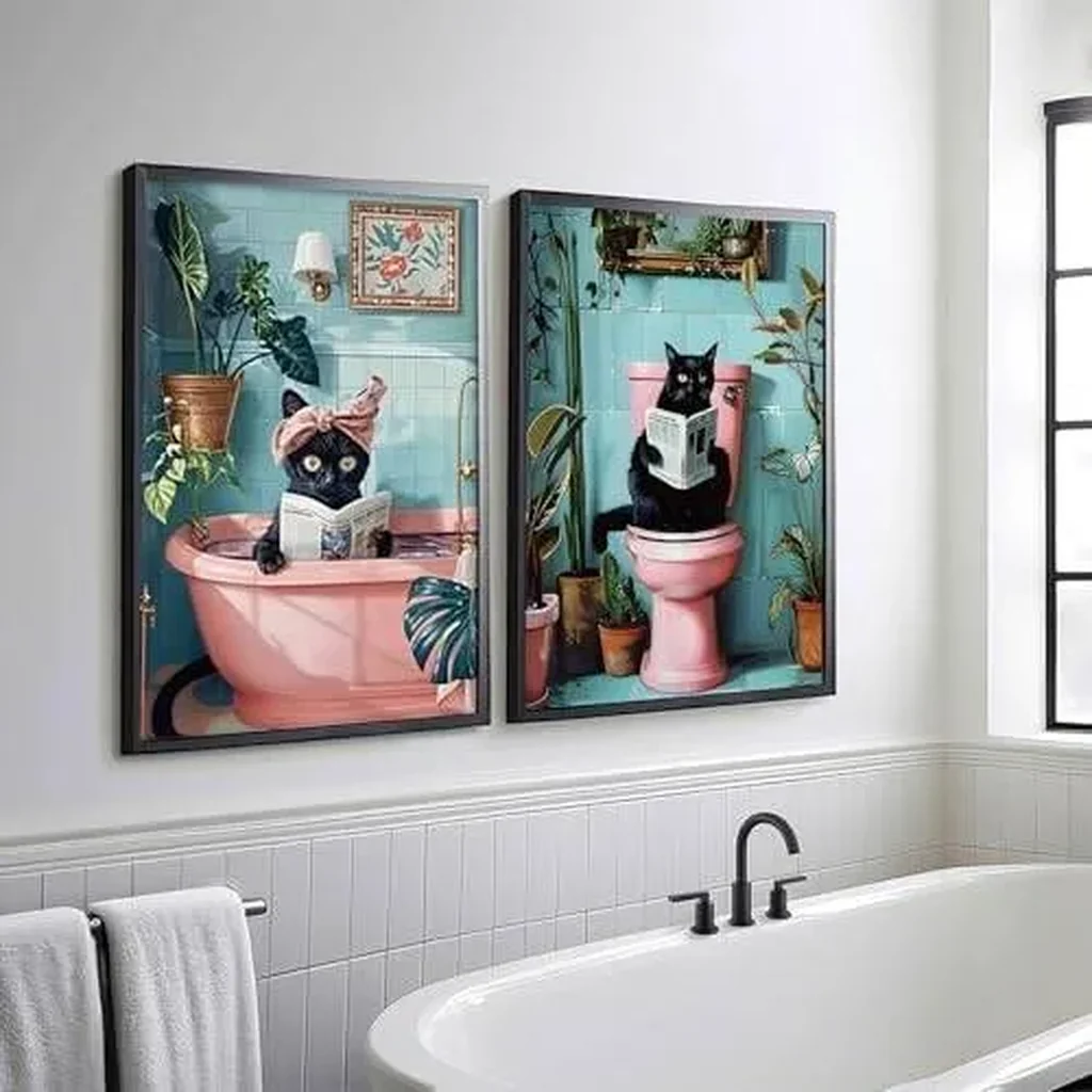 ALAYRA 2 Pcs Cute Black Cat Bathroom Wall Art Funny Cat Reading Newspaper Paintings Pictures Wall Decor Pink Animal Plant Posters Prints for Bathroom Toilet Decorations Unframed 16x24 Inch 01 - Image 2