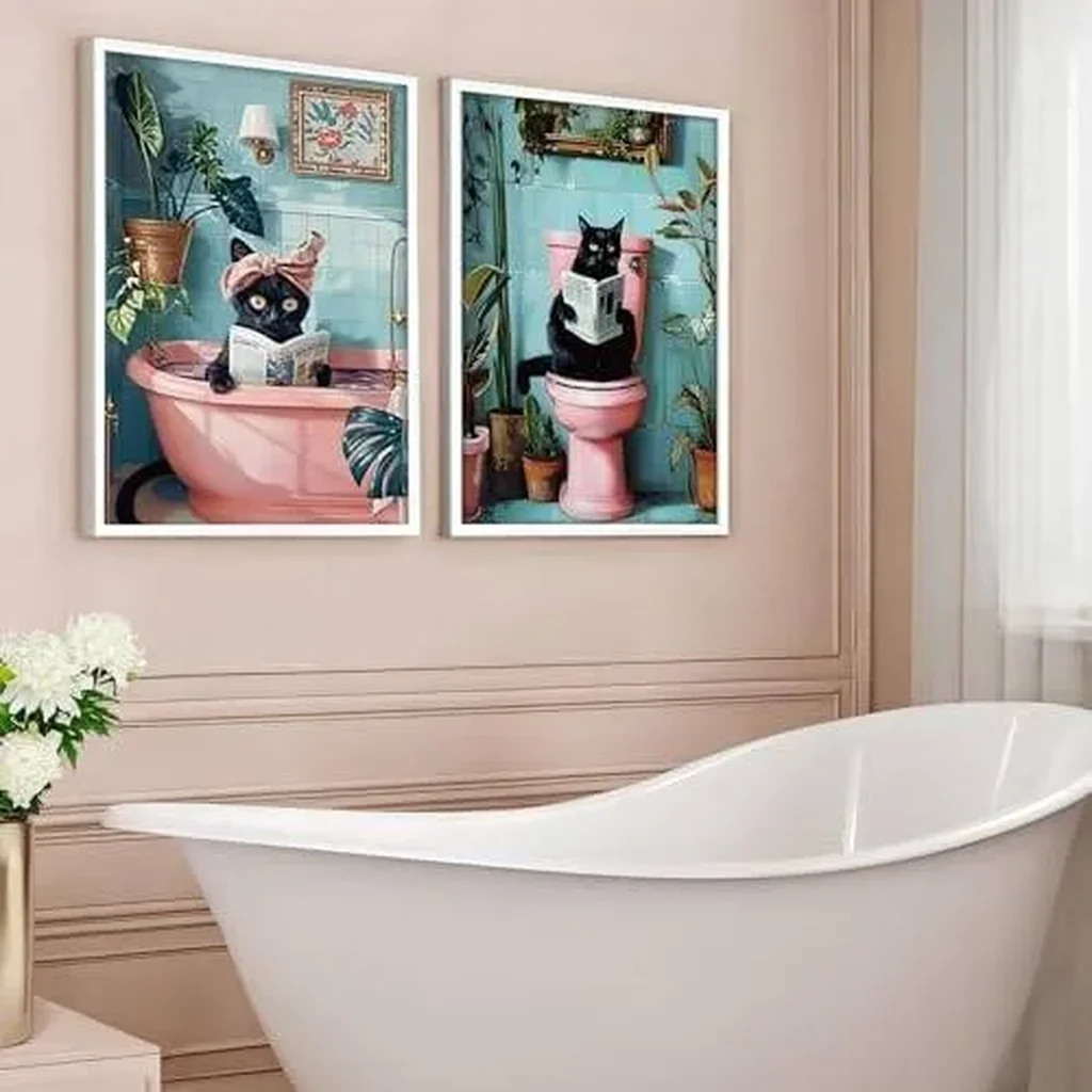 ALAYRA 2 Pcs Cute Black Cat Bathroom Wall Art Funny Cat Reading Newspaper Paintings Pictures Wall Decor Pink Animal Plant Posters Prints for Bathroom Toilet Decorations Unframed 16x24 Inch 01 - Image 4