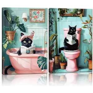ALAYRA 2 Pcs Framed Cute Black Cat Bathroom Wall Art Funny Cat Reading Newspaper Paintings Pictures Wall Decor Pink Animal Plant Posters Prints for Bathroom Toilet Decorations Ready to Hang 16x24in 01