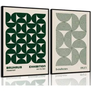 ALAYRA 2Pcs Bauhaus Mid Century Modern Wall Art Retro Exhibition Posters Prints Green Boho Geometric Abstract Minimalist Wall Decor Pictures for Bedroom iving Room Dining Room UNFRAMED (Green, 16x24in