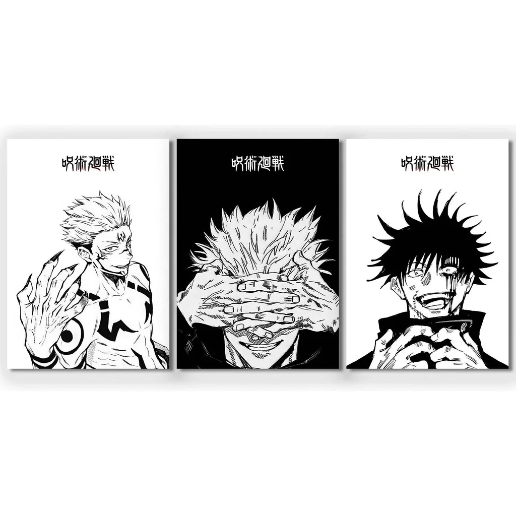 ALAYRA 3 Piece Japanese Anime Poster, Jujutsu Kaisen Canvas Wall Art, Gojo Satoru Black and White Manga Art Kinji Hakari Print Painting for Room Decor Anime Artwork Fan Gift 12x16 Unframed 02 01