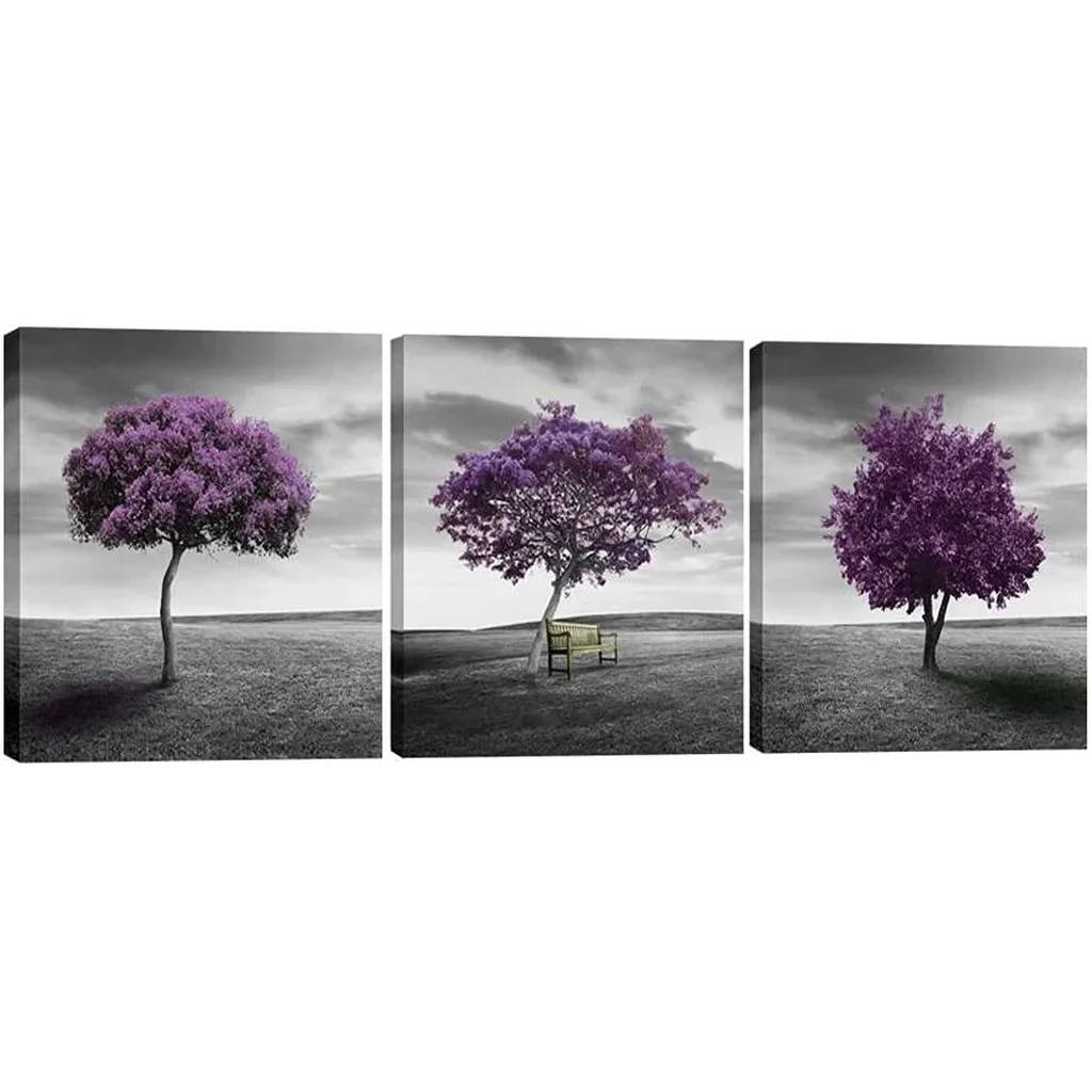 ALAYRA 3 Piece Purple Trees Modern Stretched and Framed Landscape Artwork Giclee Canvas Prints Fall Forest Pictures Paintings on Canvas Wall art for Living Room Bedroom Home Office Decorations 01
