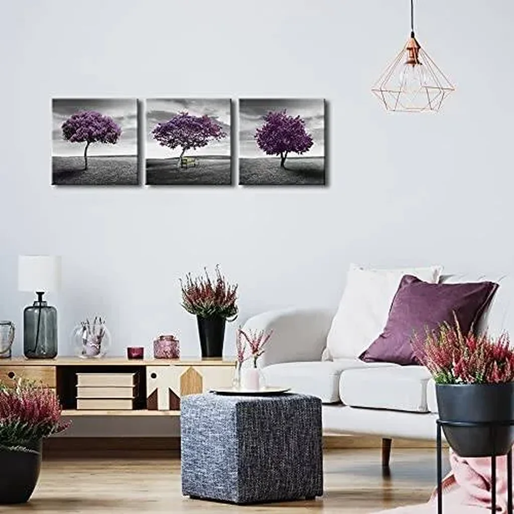 ALAYRA 3 Piece Purple Trees Modern Stretched and Framed Landscape Artwork Giclee Canvas Prints Fall Forest Pictures Paintings on Canvas Wall art for Living Room Bedroom Home Office Decorations 01 - Image 4
