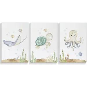 ALAYRA 3 Piece Sea Animals Nursery Canvas Wall Art, Ocean Animal Baby Bedroom Wall Decor Posters Cute Nautical Boy Nursery Print Painting For Playroom Classroom 12x16in Unframed 01
