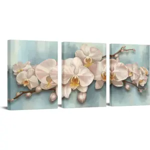 ALAYRA 3 Piece Vintage Flower Wall Art Elegant White Orchid Floral Painting Canvas Prints Zen Flower Artwork for Bathroom Bedroom Decor Gallery Canvas Wrapped Ready to Hang Each Piece 12x16inch 01