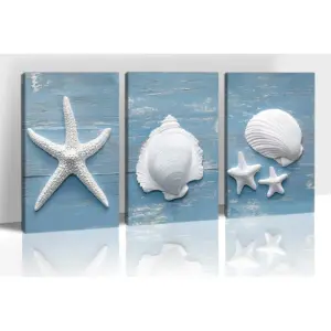 ALAYRA 3 Pieces Coastal Canvas Wall Art, 3 Panels Beach Sea Shell Starfish Conch Prints, Blue Ocean Wall Painting Poster Picture, Modern Nautical Wall Decor for Living Room, Bedroom, Bathroom, 12"x18"