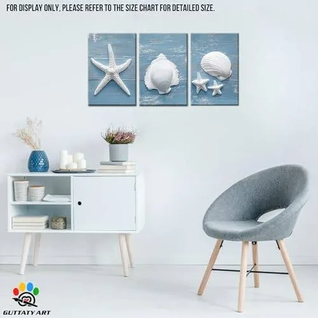 ALAYRA 3 Pieces Coastal Canvas Wall Art, 3 Panels Beach Sea Shell Starfish Conch Prints, Blue Ocean Wall Painting Poster Picture, Modern Nautical Wall Decor for Living Room, Bedroom, Bathroom, 12"x18" - Image 2