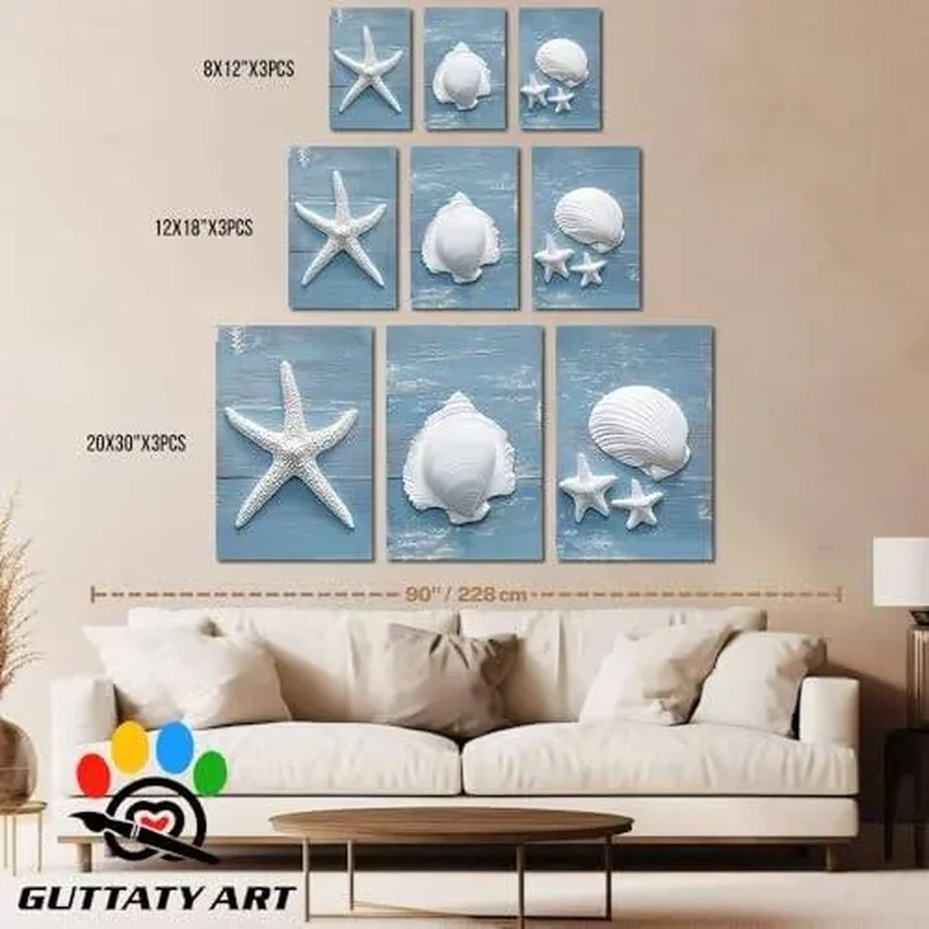ALAYRA 3 Pieces Coastal Canvas Wall Art, 3 Panels Beach Sea Shell Starfish Conch Prints, Blue Ocean Wall Painting Poster Picture, Modern Nautical Wall Decor for Living Room, Bedroom, Bathroom, 12"x18" - Image 3