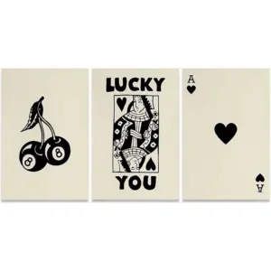 ALAYRA 3 Pieces Funky Black White Lucky You Poker Poster- Vintage Girly Preppy Cherry Canvas Wall Art - Trendy Ace Of Hearts Playing Card Prints Decor For Teen Girl Bedroom Dorm 12x16in Unframed 01